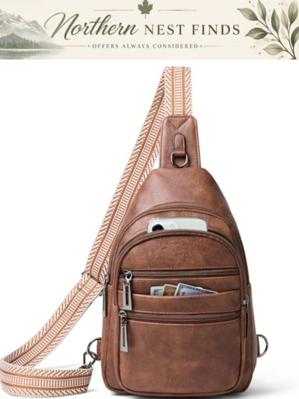 Vegan Leather Sling Bag 7 Zipper Pockets Crossbody Fanny Pack Travel